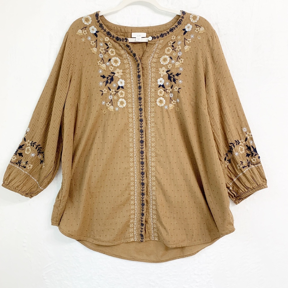 J. Jill Embroidered Swiss Dot Boho Top Sz L